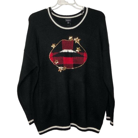 Torrid NWT Wms 1X Black Star Lips Crewneck Pullover Sweater Sequins Novelty - Picture 1 of 10